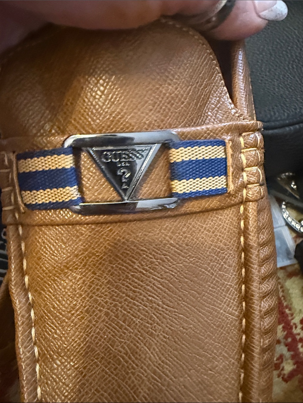 GUESS Tan Leather Loafer with Blue-Striped Accent